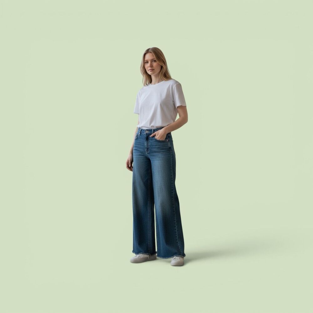 Oat New York High Rise Wide Leg Raw Hem Jeans Women’s Dark Wash Denim Stretchy 4